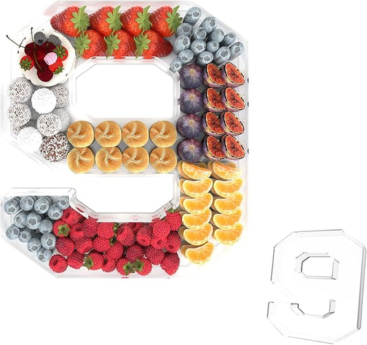 13.8" Acrylic Number Charcuterie Tray, Fillable Number Charcuterie Box for Food, Reusable Serving Cake Candy Dish Display Tray for Birthday Anniversary Party Decoration (Square Number 9)