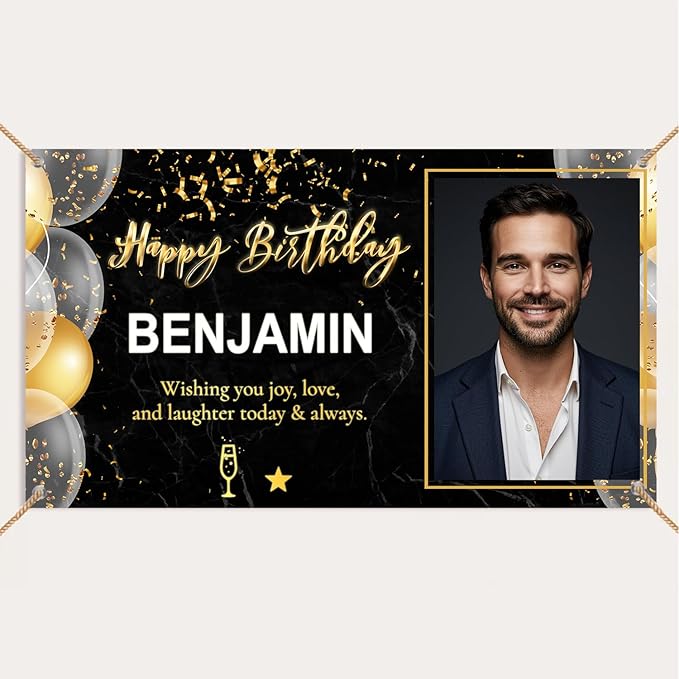 Happy Birthday Banner with Pictures Customized Backdrop and Name, Special Party Decoration for Husband Him Men Women, Personalized Banner for All Age Celebrations