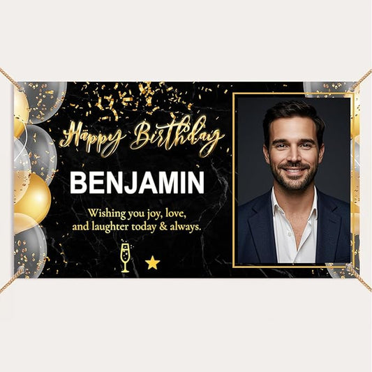 Happy Birthday Banner with Pictures Customized Backdrop and Name, Special Party Decoration for Husband Him Men Women, Personalized Banner for All Age Celebrations