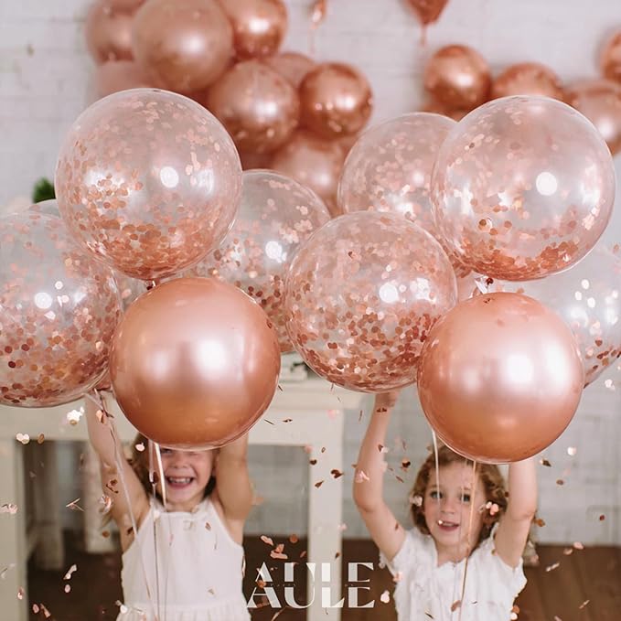 AULE Party Balloons Pack of 42 - Metallic Chrome Rose Gold Balloons and Rose Gold Confetti Latex Helium Balloons With 64ft Ribbons - 12 Inch Balloon Decoration Kit