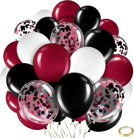 Sratte 60 Pcs 12 Inch Black Red White Balloons Kit Valentine's Day Decorations Confetti Latex Metallic Balloons with 2 Rolls Ribbon Party Favor for Memorial Day Birthdays