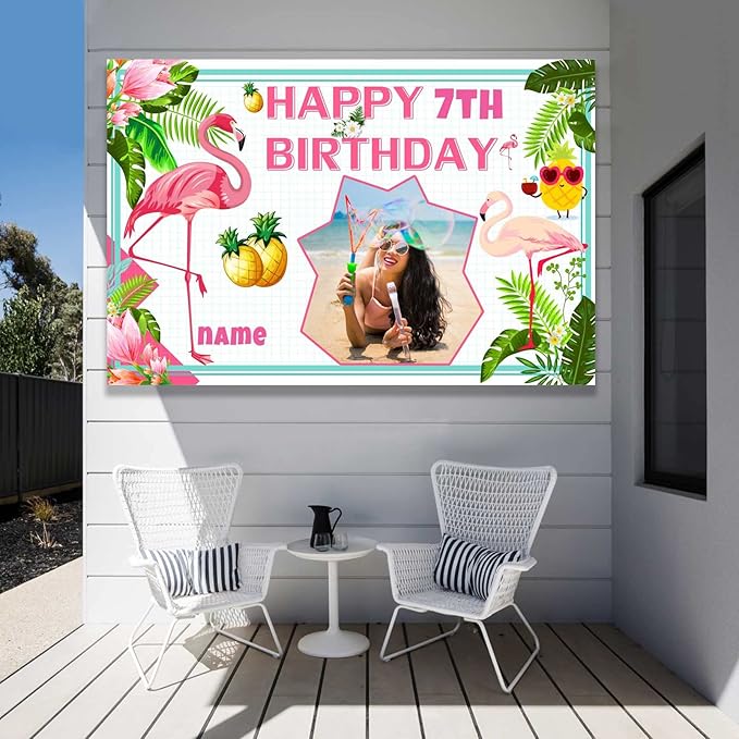 Custom Flamingo Hawaiian Tropical Happy Birthday Party Decorations Supplies Personalized Flamingo Hawaiian Tropical Birthday Luau Party Backdrop Banner(4x6ft)