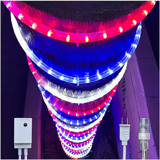 Russell Decor 20ft Red White Blue LED Rope Lights with Patriotic Lights with 4-Level Dimmable Controller Outdoor for Patriotic 4th of July Memorial Day Decor Patio Deck Flexible Lights