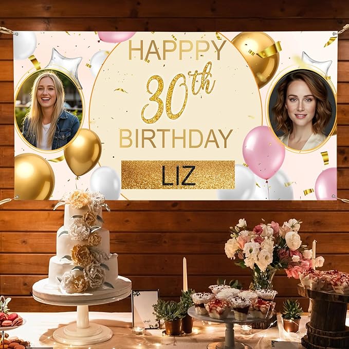 Custom Birthday Banners Personalized with Pictures and Name, Happy Birthday Backdrop Decorations for Husband Him Men, Celebration Banner for Unique Party Event