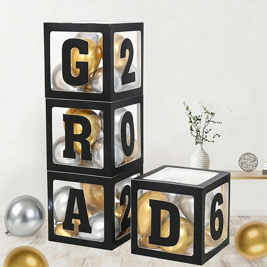 2026 Graduation Decorations - 4Pcs Black Balloon Boxes with Letters 2026&Grad for Preschool Kindergarten Middle High School College Graduation Party Decorations Class of 2026