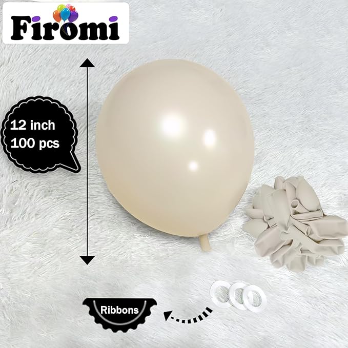 Firomi Beige Balloons 12-inch 100 Pack Big Helium Thicken Sand Latex Balloon for Wedding Birthday (with 3 Ribbons)
