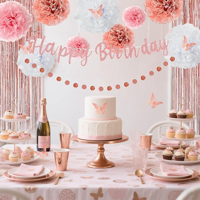 Pink Rose Gold Birthday Party Decorations Set, Rose Gold Glittery Happy Birthday banner, Curtains, Butterfly Wall，Tissue Paper Pom, Circle Dots Garland for Women's Party Decorations