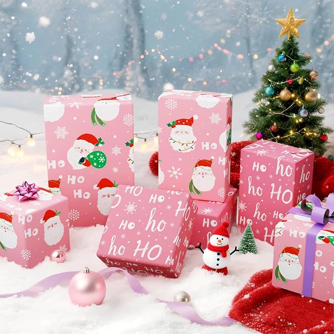 WERNNSAI Christmas Wrapping Papers - 1 Roll 17”x 33 ft Santa Claus Gift Wrapping Paper Reversible Christmas Wraps Supply for Kids Boys Girls HOHO Design Pink Gift Wrap for Winter Holiday Present