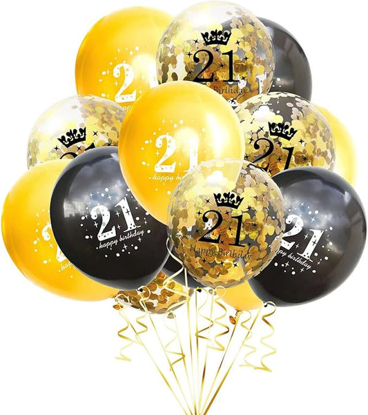 SHUNTAI 21st Birthday Balloons Black and Gold 21st Birthday Decorations for Him Her Latex Gold Confetti Balloon 21 Years Old Theme Happy Birthday Party Supplies 15 Pack 12 Inch