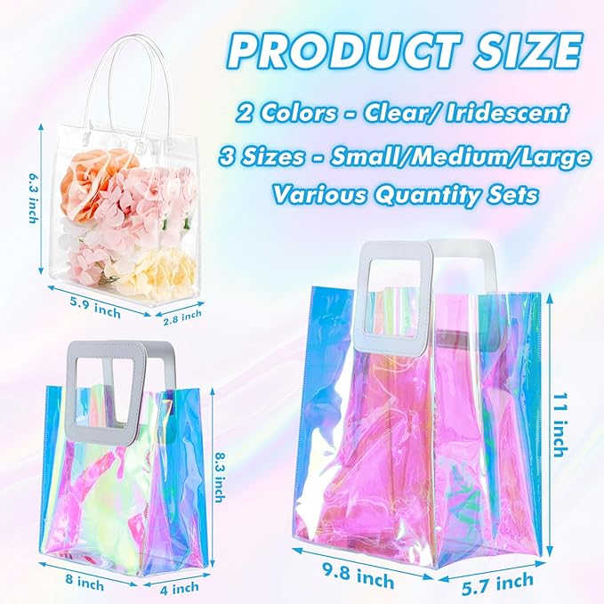 30 Pcs Reusable Holographic Gift Bags with Handle Iridescent Bachelorette Party Favor Bags Clear Tote Goodie Bags for Shopping Baby Showers Weddings - 5.9x6.3x2.8/8.3x8x4/11x9.8x5.7 Inch(20/5/5 Pcs)