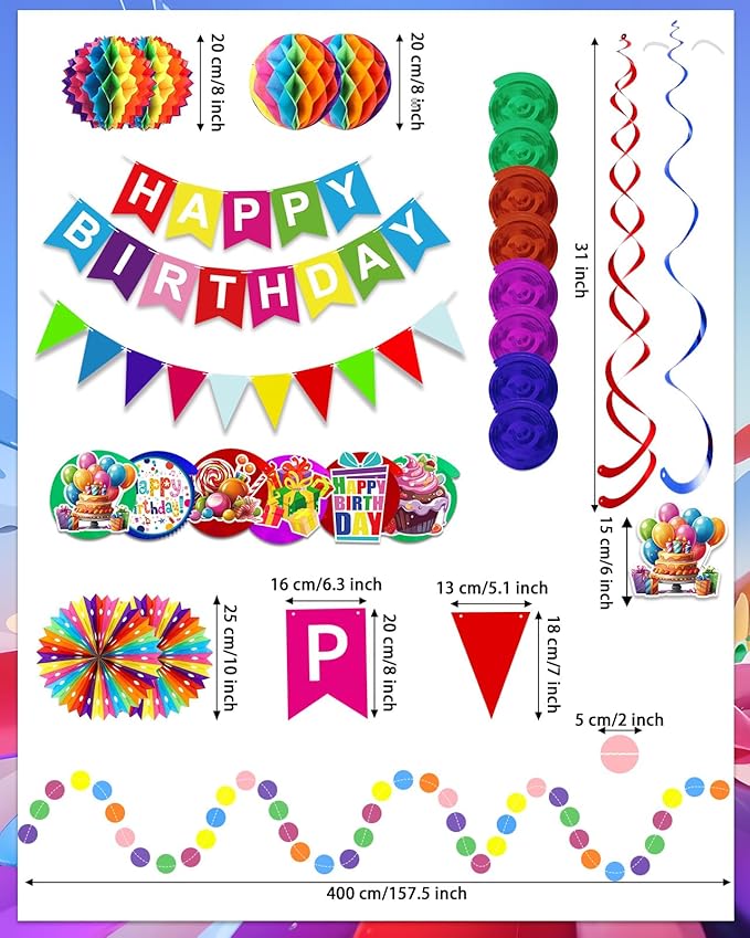 Pre-Strung Colorful Happy Birthday Banner Paper Triangle Flag Bunting Circle Confetti Dots Hanging Garland And Honeycomb Ball Swirl Streamers for Birthday Baby Shower Party Decoration