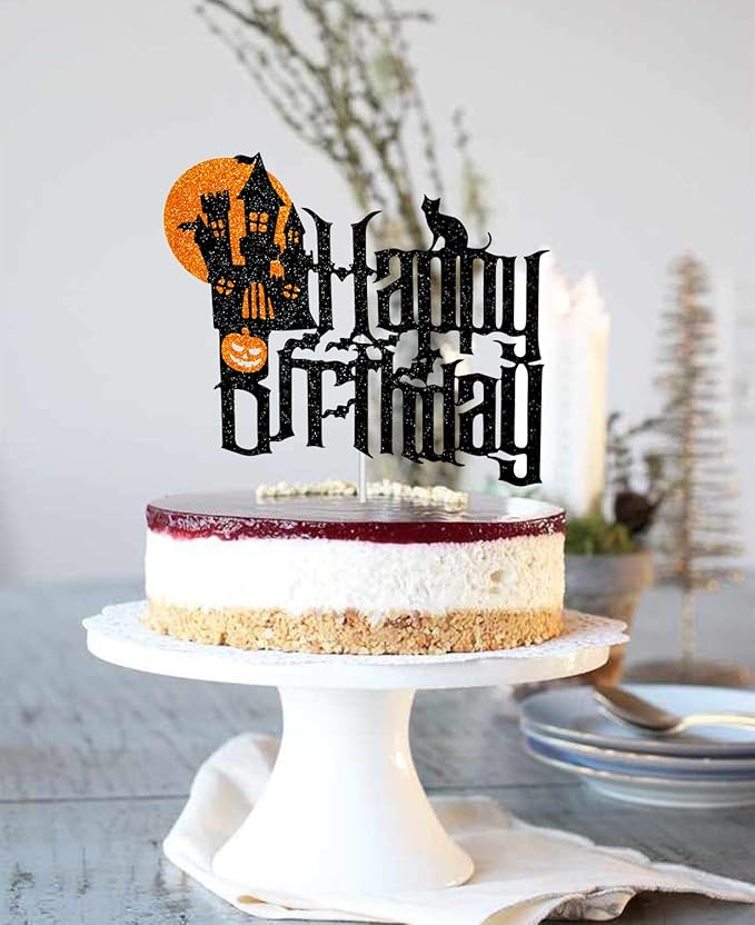 Halloween Birthday Cartoon Cake Topper with Spooky Haunted House Black Glitter Cake Decorations for Halloween Scary Theme Party Decor Supplies