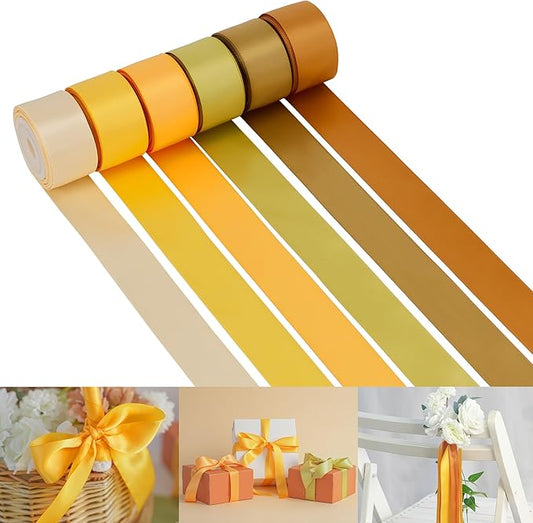 HUIHUANG Gold Ribbon for Gift Wrapping, 1" Assorted Satin Ribbon for Flower Bouquet, Crafts, Bows Making, Holiday Home Decor - 6 Rolls