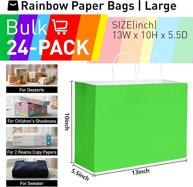 SUNCOLOR Large Paper Gift Bags with Handles, Rainbow Colors, 13x10x5.5 Inch, 24 Pack, for Birthday, Wedding, Shopping