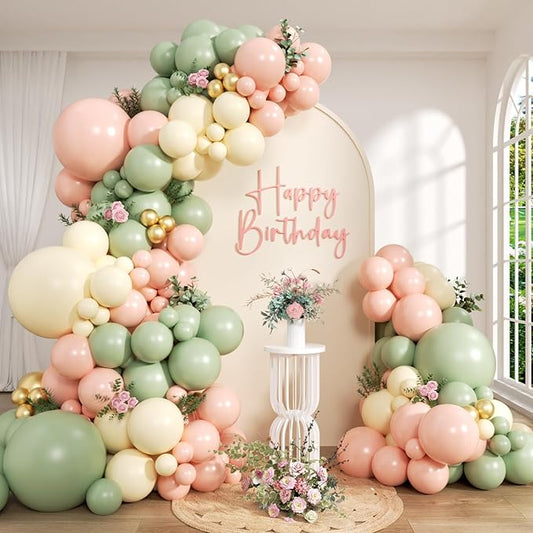 147pcs Pink and Green Balloon Arch Garland Kit, 5 10 12 18inch Sage Green Light Pink Sand White Gold Latex Balloons for Woodland Jungle Birthday Party Baby Shower Decorations