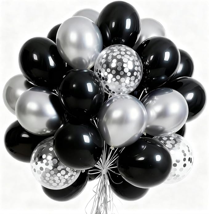 PartyWoo Black and Silver Balloons 66pcs 12 Inch Matte Black Metallic Chrome Silver Confetti Balloons for Graduation Baby Shower Men Birthday Wedding Anniversary New Year's Eve Party Decorations