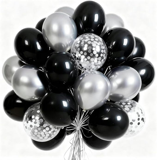 PartyWoo Black and Silver Balloons 66pcs 12 Inch Matte Black Metallic Chrome Silver Confetti Balloons for Graduation Baby Shower Men Birthday Wedding Anniversary New Year's Eve Party Decorations