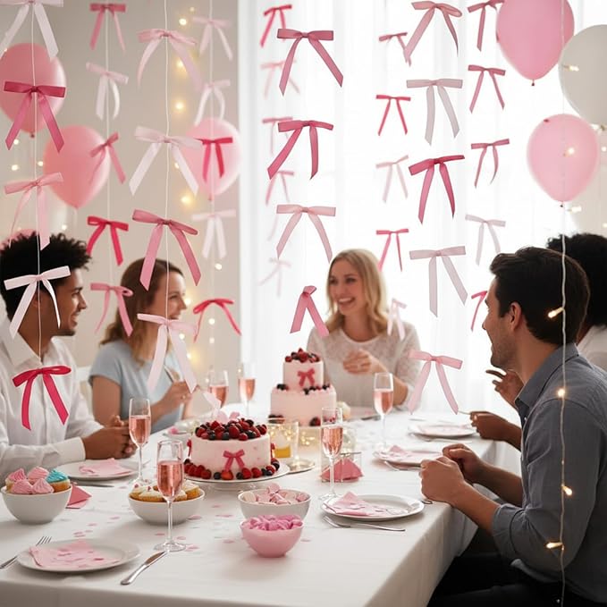 Taobary 8 Pcs 6.6 ft Bow Garland, Satin Ribbon Bow Banner Coquette Hanging Ornament for Photo Backdrop Birthday Party Wedding Bridal Baby Shower Wall Decorations(Elegant Pink,0.63 Inch)
