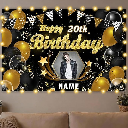 Custom Black and Gold Happy Birthday Backdrop Banner Personalization Black and Gold Sign Poster Large Fabric Glitter Balloon Fireworks Sign Birthday Photo Backdrop Backgroud