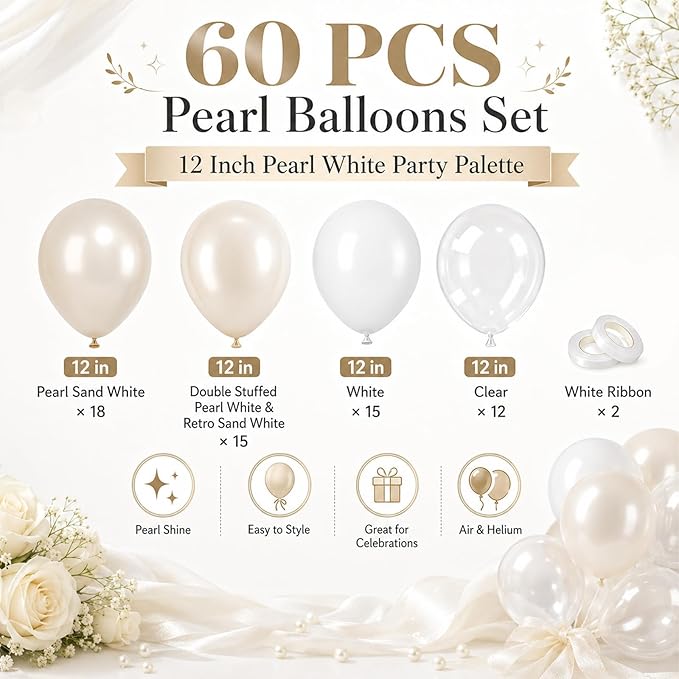 Pearl Balloons, 60Pcs Pearl White Balloons, 12 Inch Latex Double Stuff Pearl White Balloons for Wedding Bridal Shower Baby Shower Wedding Anniversary Engagement Neutral Birthday Party Decorations