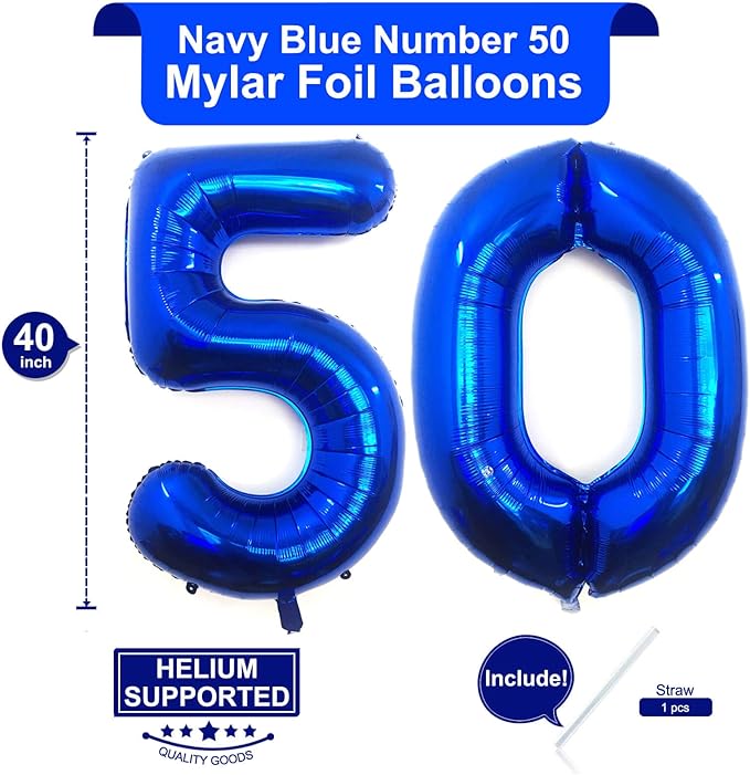 40 Inch Navy Blue 50 Number Balloons Giant Jumbo Huge 50 Foil Mylar Helium Number Digital Balloons Dark Blue Birthday Mylar Digital Balloons 50th Birthday Parth 50th Anniversary Events Party