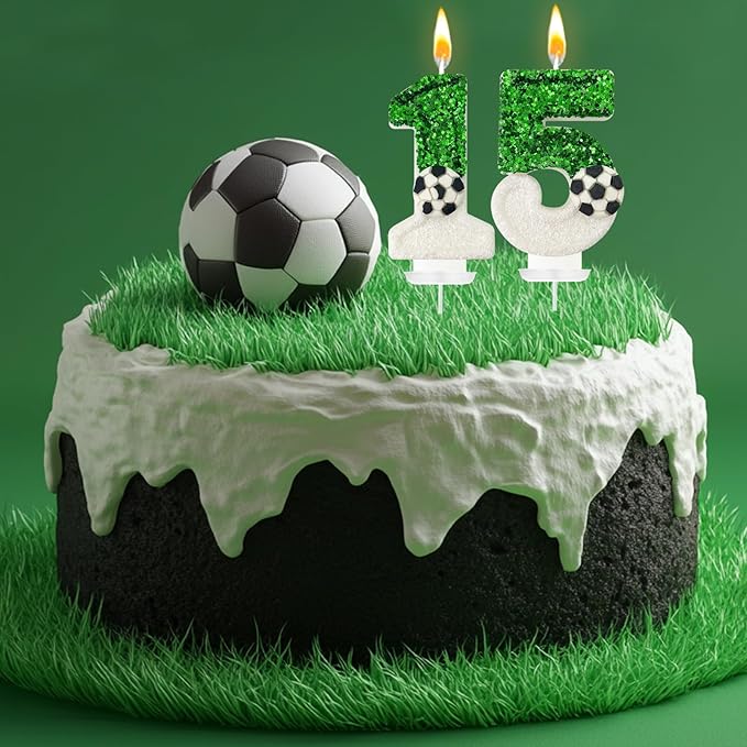 Soccer Birthday Candles Cake Topper for Girl and Boy, Wedding Cakes, Anniversaries, Party Celebrations, Birthday Decorations (Green White, 15)
