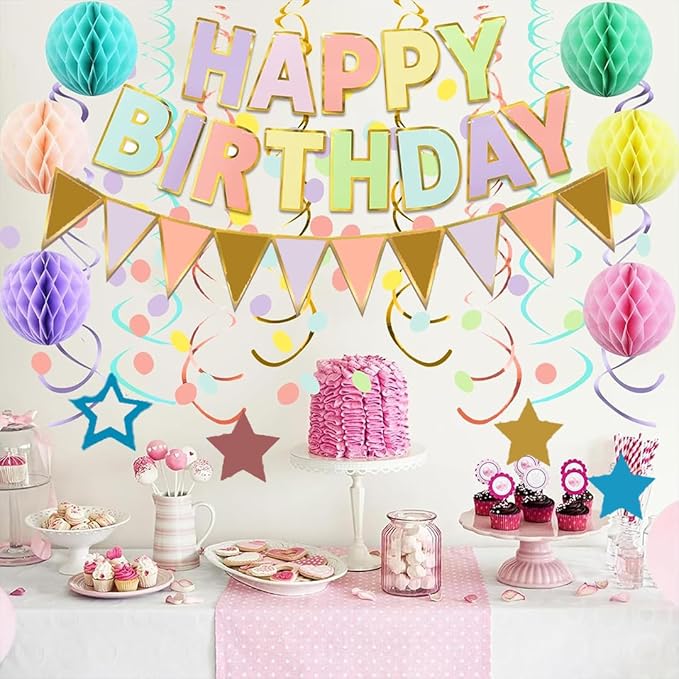 Pastel Birthday Decorations, Happy Birthday Banner with Honeycomb Balls, Stars Hanging Swirl Streamers, Buntings Circle Dots Garland, Party Decorations for Women Men Boys Girls (Multi-colored)
