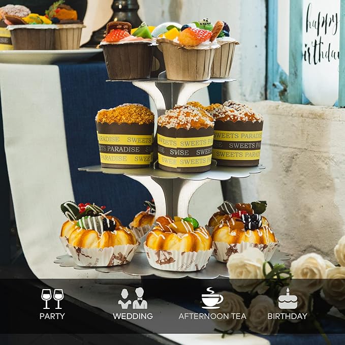 3-Tier Silver Matte Cupcake Stand 2 Pack, Cardboard Dessert Display for Weddings, Parties Events, Easy to Assemble Tiered Cake Stand