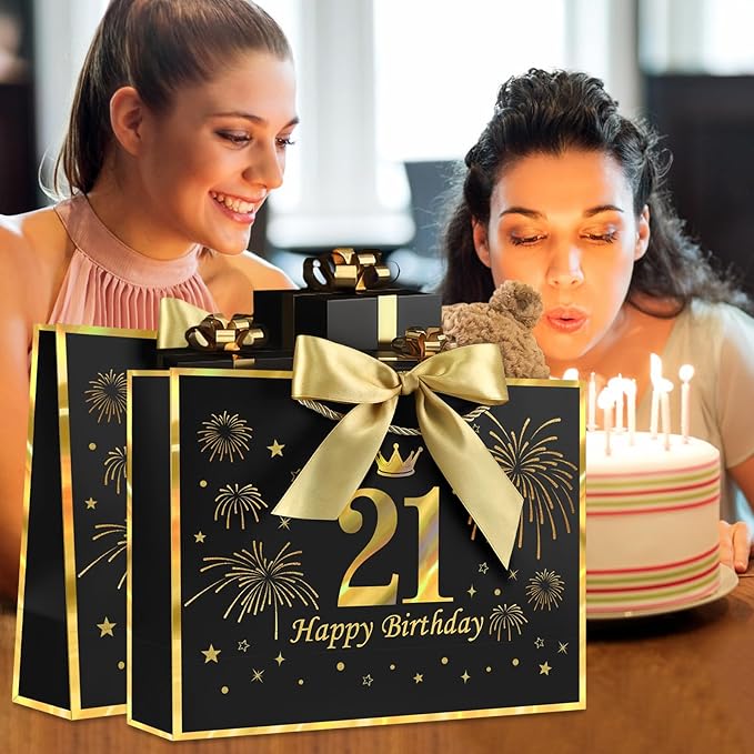 JMANNI Black Gold 21st Birthday Gift Bag with Card and Tissue Paper, 12.6"×9.84"×3.9" Elegant Present Bag for Adults, 21 Year Old Birthday Keepsake Party Supplies