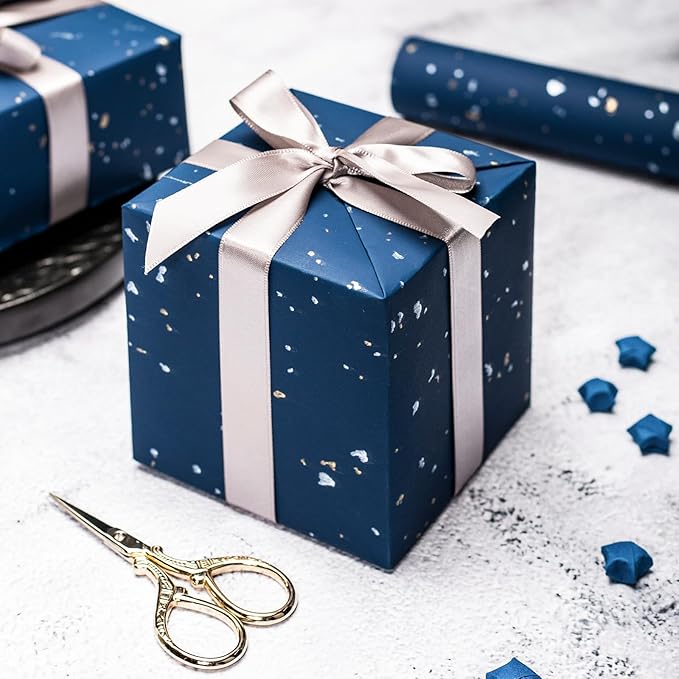 MAYPLUSS Navy Blue Wrapping Paper Roll - 17Inch x 16.5Feet - Masculine Black Gold Shiny Flakes on Matte Dark Navy Blue Heavy Gift Wrap Paper w/Silky Touch for Father's Day, Birthday, Holiday, Christmas