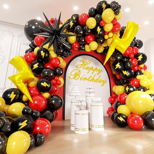 Red Black Yellow Balloons Garland Arch Kit - 143Pcs Lightning Cartoon Birthday Party Balloons Lightning Printed Balloon for Cartoon Theme Birthday Baby Shower Party Backdrop Decorations
