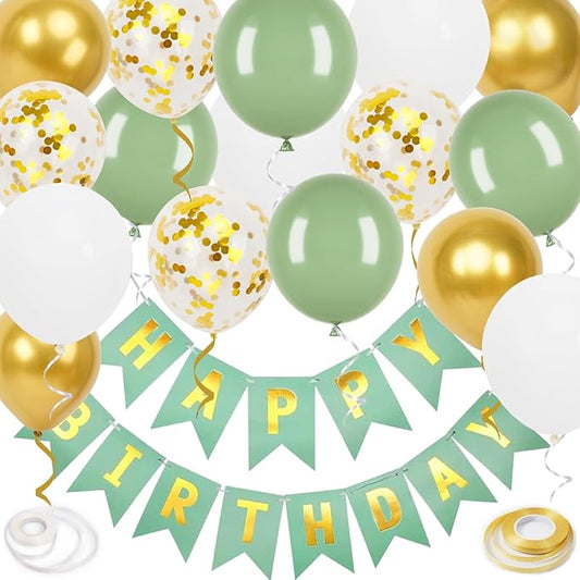 Trivunpis Happy Birthday Banner, Green Birthday Decoration, 16 Pcs 12in Happy Birthday Balloons with 2 Ribbons for Men Women Girls and Boys Birthday Party Decoration