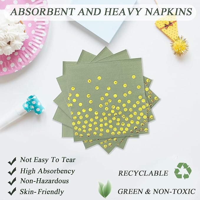 72PCS Sage Green Paper Plates and Napkins - Sage Green Gold Dots Tableware Set Include Dessert Plates,Napkins and Forks Disposable Decoration Supplies for Birthday Graduations Wedding Party,Serve 24