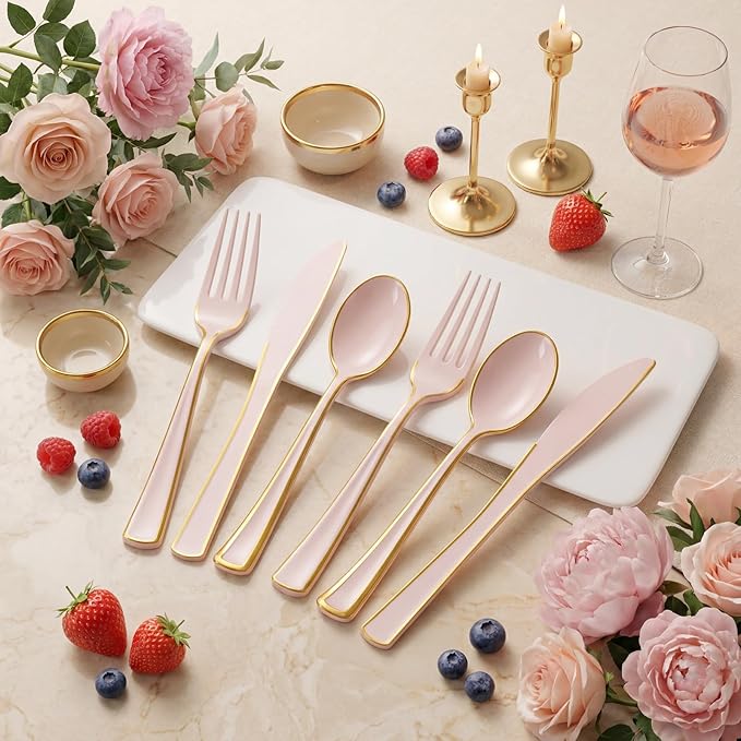 Supernal 120 PCS Pink Plastic Silverware Heavy Duty - Disposable Pink Utensils with Gold Silverware Set Include 40 Forks, 40 Knives and 40 Spoons for Valentines Day/Birthday Party/Wedding