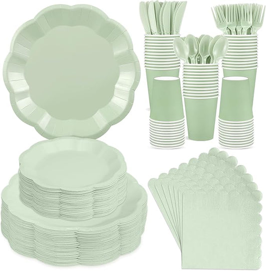 NatNarr 350 Pcs Sage Green Party Paper Plates and Napkins Set Include 9" Dinner Plates & 7" Dessert Plate Disposable Scalloped Tableware Serve 50 Guest for Wedding Baby Shower Bridal Shower Birthday