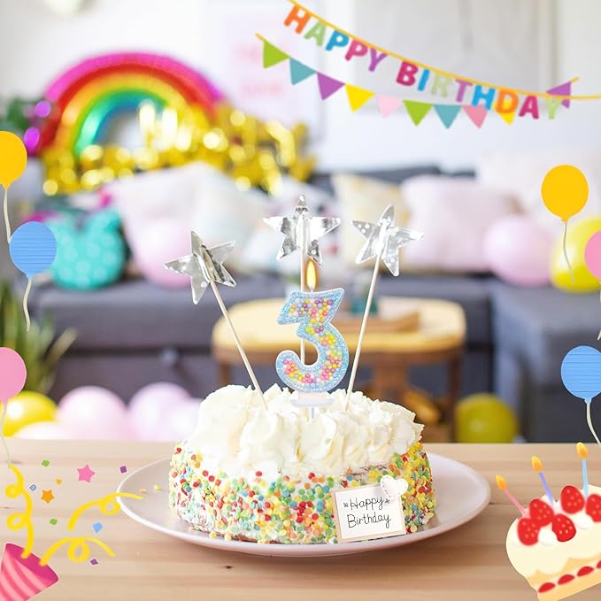 Birthday Candles - Number 3 Candle, Colorful Macaron Candles for Boys/Girls, Blue Cake Decorations, Theme Party Supplies