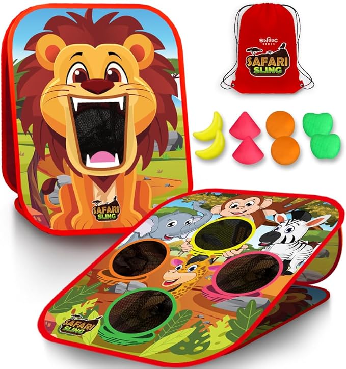Swooc Games - Safari Sling | 2-in-1 Bean Bag Toss Game for Kids | 5-Second Setup Kids Cornhole Game Set | Outdoor Toddler Activities | Backyard Party Games | Corn Hole Set Toddler Bean Bag Toss