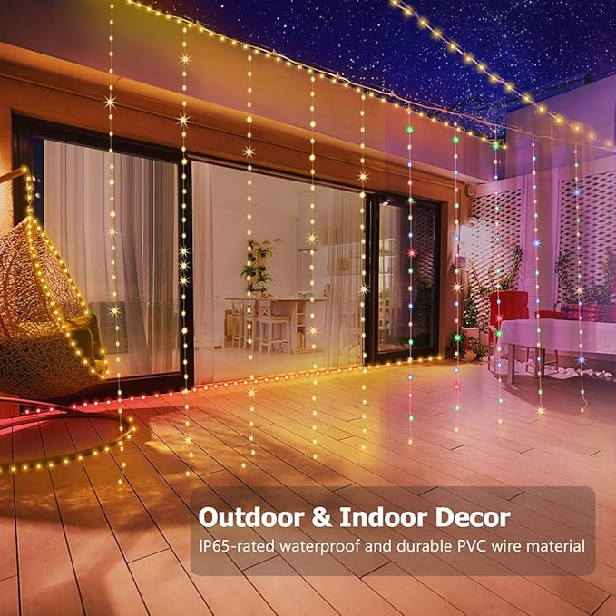 Curtain Lights 8ft x 6ft, 144 LED Warm White & Multi Twinkle Fairy String Lights Curtain Waterproof with Remote & Timer, USB Powered for Indoor Outdoor Wall Bedroom Backdrop Christmas Decor