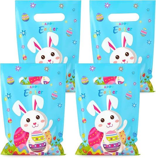 Hxezoc 50 Pieces Happy Easter Gift Bags with Handles Plastic Cute Bunny Goodie Bags Practical Gift Bags Spring Party Favors for Easter Day Egg Hunt Party Birthday Party Decoration Supplies