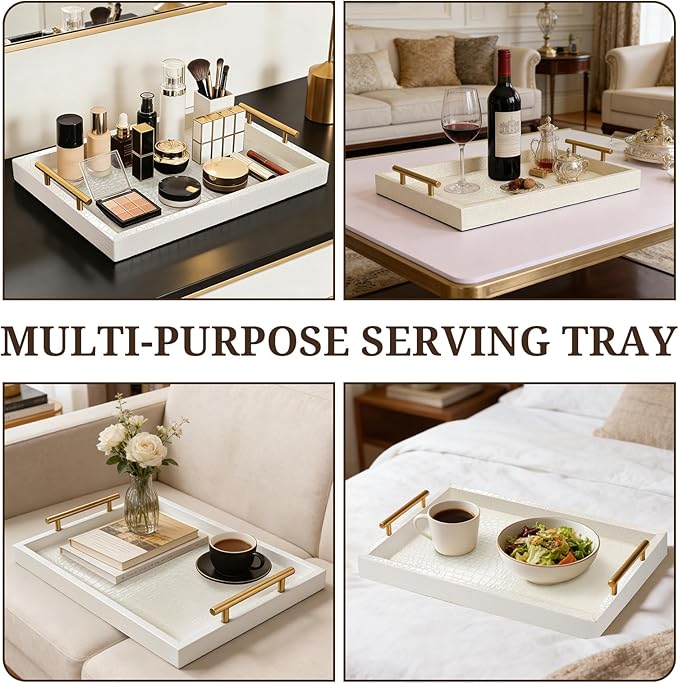 SXNOWS 17"x12" Cream Faux Leather Serving Tray with Gold Handles, Rectangle Decorative Tray for Ottoman, Coffee Table, Kitchen, Bar, Gift for Home Decor