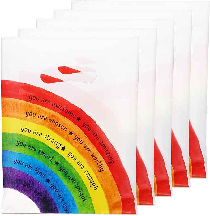 Coume 30 Sets Inspiration Quotes Treat Bags with Handles Small Plastic Party Favors Gifts Bags for Kids Students Birthday Party Gifts Favors (Rainbow Style)