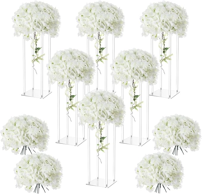 Geetery Tall Acrylic Wedding Flower Stand Centerpieces Clear Elegant Vase Column Stand with Artificial Hydrangea Flowers for Wedding Party Table Home Decorations(6 Pcs,16 Inch)