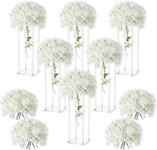 Geetery Tall Acrylic Wedding Flower Stand Centerpieces Clear Elegant Vase Column Stand with Artificial Hydrangea Flowers for Wedding Party Table Home Decorations(6 Pcs,16 Inch)