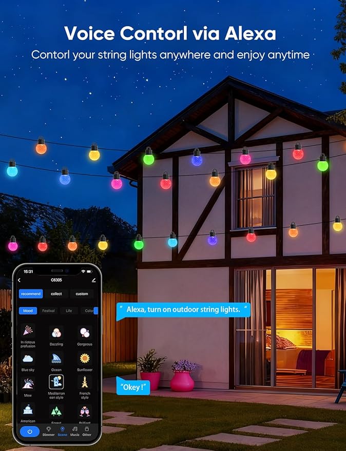 APPECK Outdoor String Lights 50ft, RGBW Color Changing Patio Lights with 25 Dimmable LED Bulbs, 111 Scene Modes, IP65 Waterproof Lighting for Outside, Party, Backyard, Pool, Compatible with Alexa