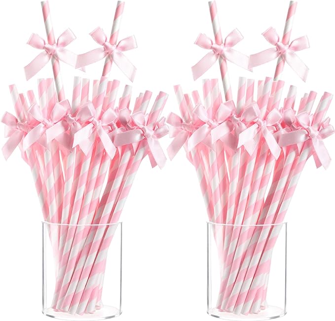 Potchen 200 Pcs Valentine's Day Bow Paper Straws Bulk Pink and White Disposable Striped Straws for Drinking, Valentines Theme Party Supplies for Birthday Wedding Cake Bachelorette Baby Shower Decor