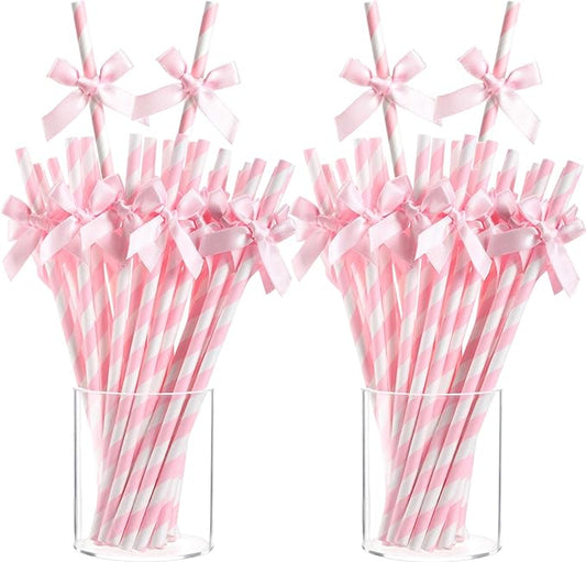 Potchen 200 Pcs Valentine's Day Bow Paper Straws Bulk Pink and White Disposable Striped Straws for Drinking, Valentines Theme Party Supplies for Birthday Wedding Cake Bachelorette Baby Shower Decor