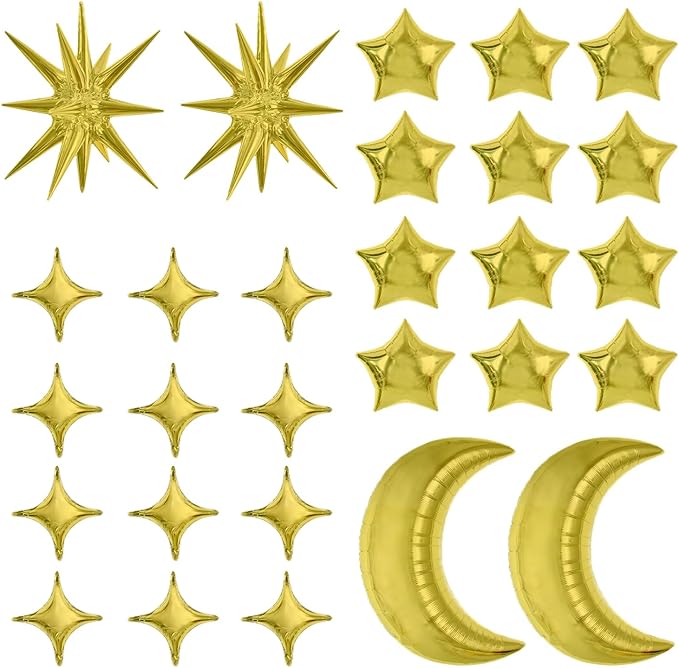 TONIFUL 44Pcs Gold Moon Explosion Star Foil Balloons Kit Large Moon Shape Star Mylar Foil Balloons for Birthday Wedding Baby Shower Anniversary Engagement Party Decorations Supplies