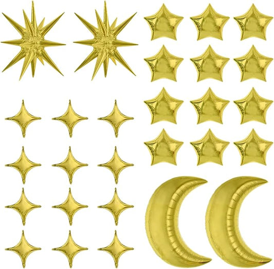 TONIFUL 44Pcs Gold Moon Explosion Star Foil Balloons Kit Large Moon Shape Star Mylar Foil Balloons for Birthday Wedding Baby Shower Anniversary Engagement Party Decorations Supplies