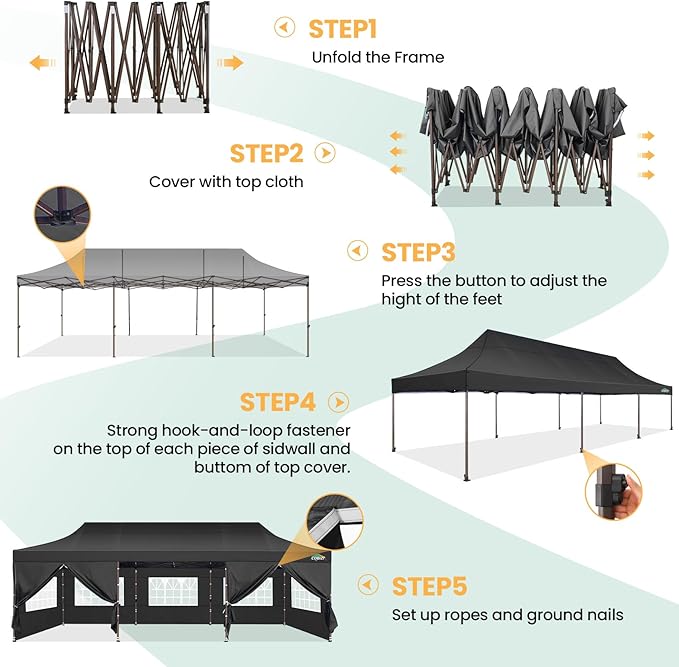 COBIZI 10x30 Pop Up Heavy Duty Canopy with 8 Sidewalls and Hexagonal Legs, Easy up Tent for Party, Wedding and Commercial, Outdoor Canopy with Carry Bag, Waterproof & UPF50+ (Black)