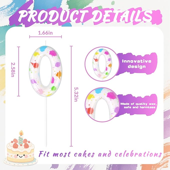 Paint Birthday Candles, Art Paint Party Decoration Supplies, Birthday Number Candles for Cake Topper (Multicolour, Number 0)